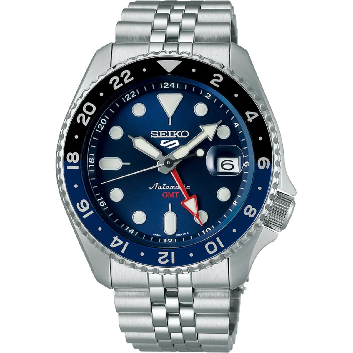 Blue dial stainless steel sports GMT automatic wristwatch with metal bracelet and bezel