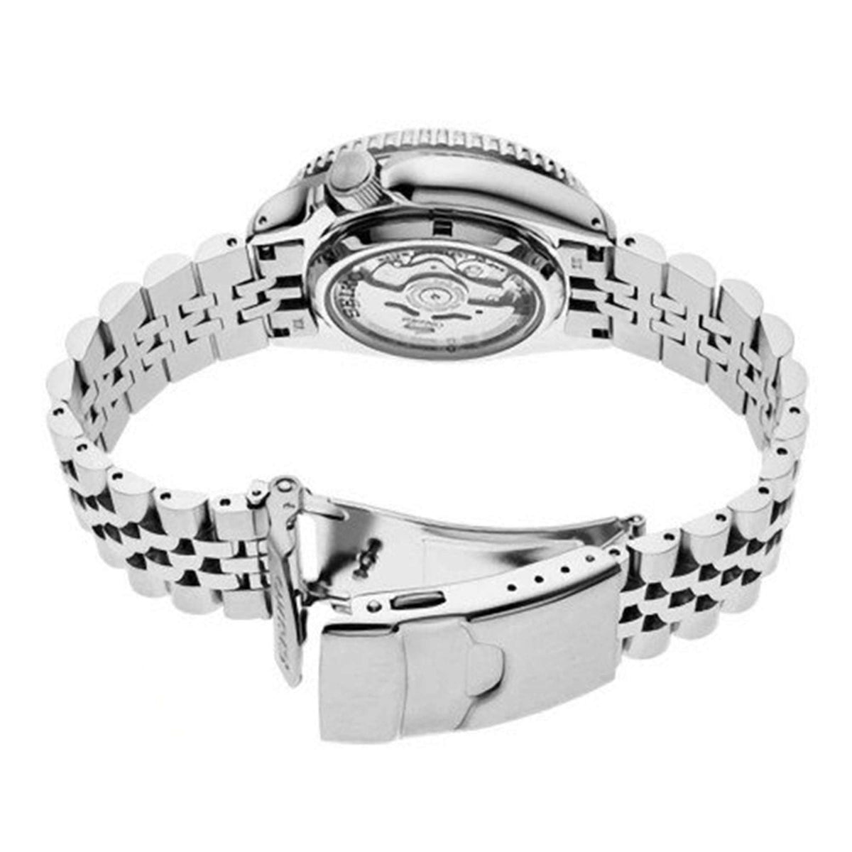 Men's Seiko GMT watch caseback view with stainless-steel bracelet and clasp