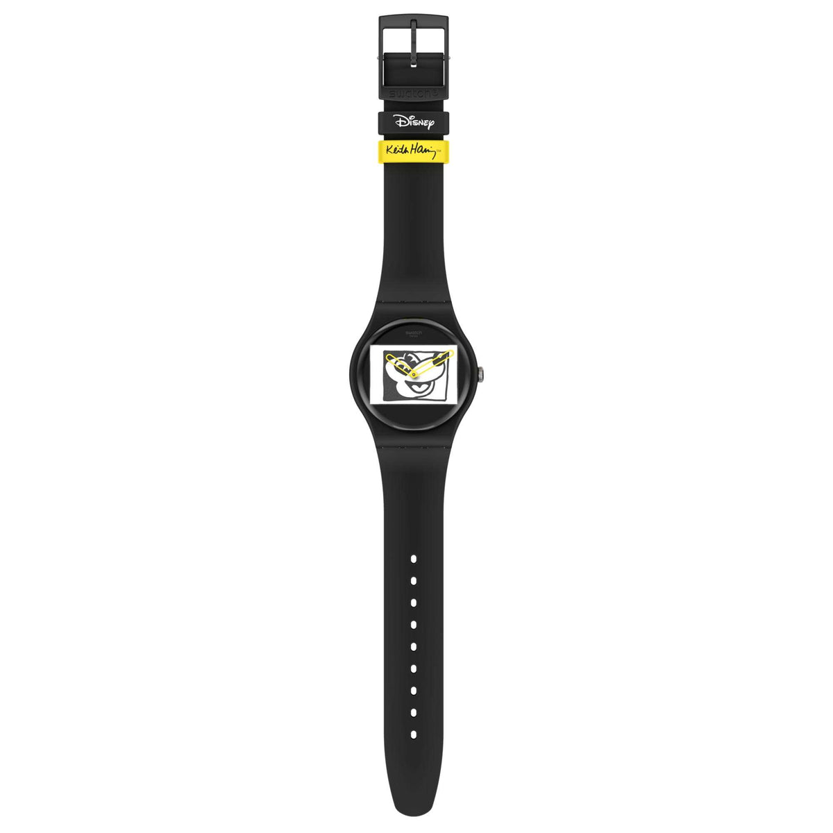Black silicone quartz watch with Mickey Mouse face and yellow accents