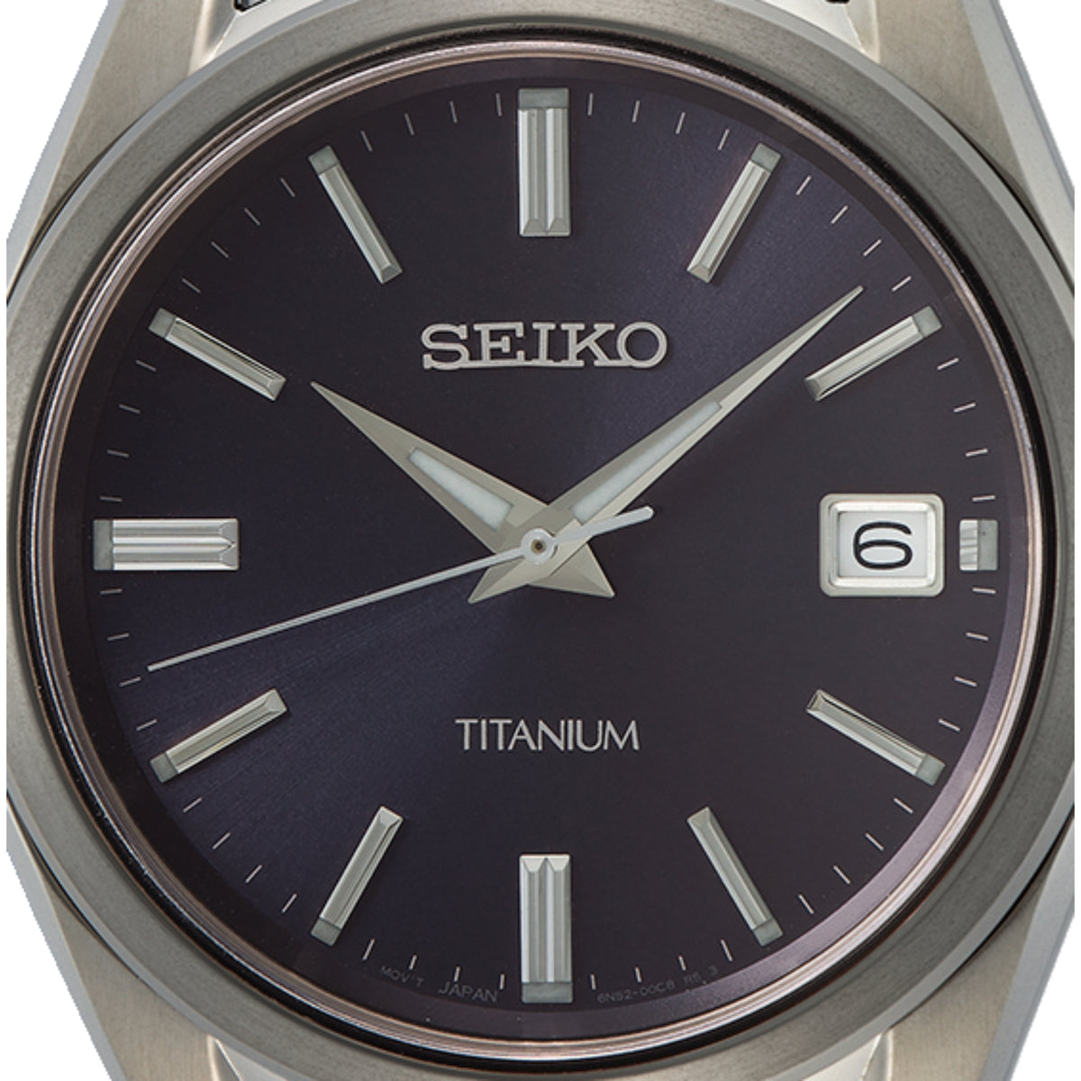 Seiko Essentials Quartz blue sunburst dial and titanium bracelet men’s watch SUR373P1 close-up
