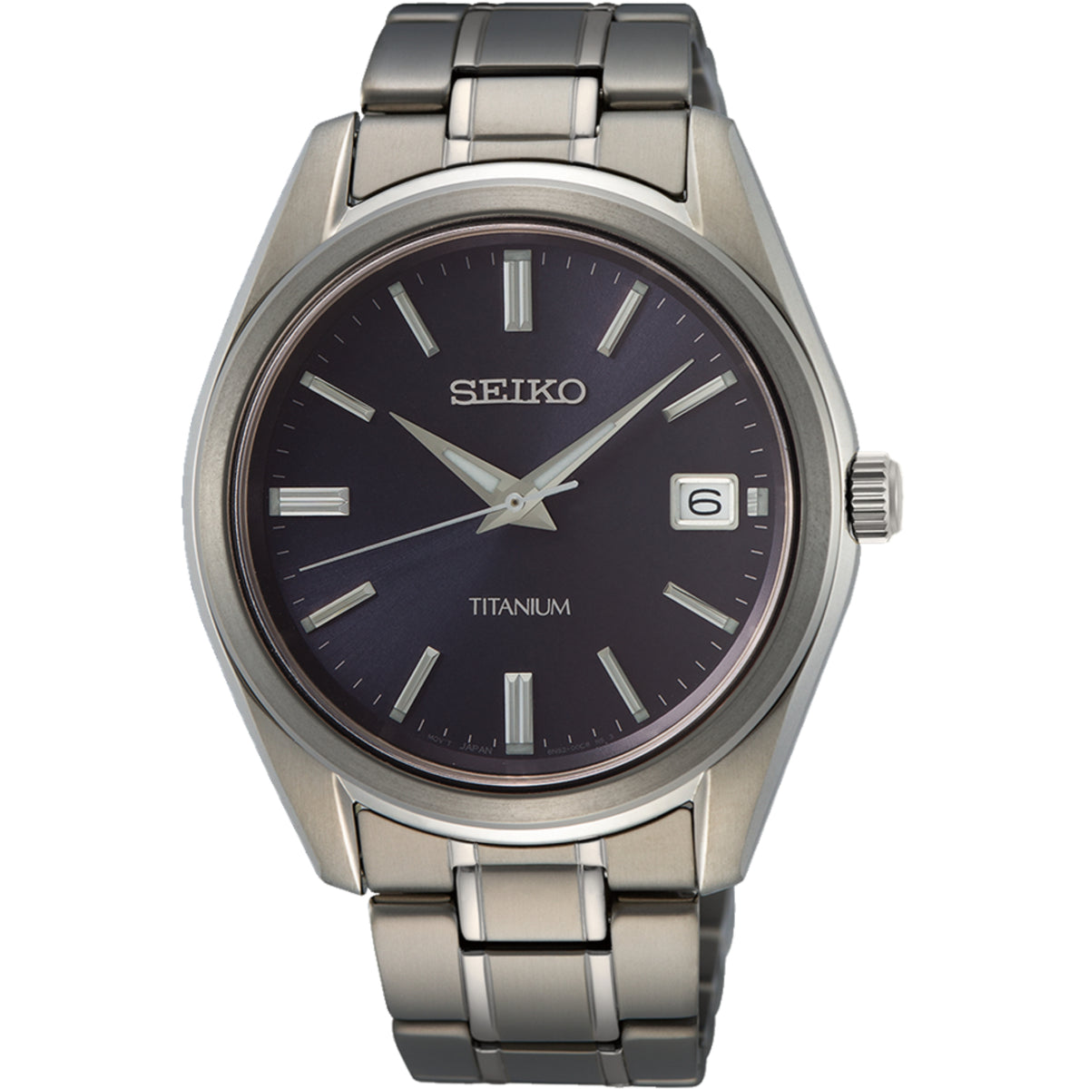 Seiko Essentials Quartz blue sunburst dial and titanium bracelet men’s watch SUR373P1 front view