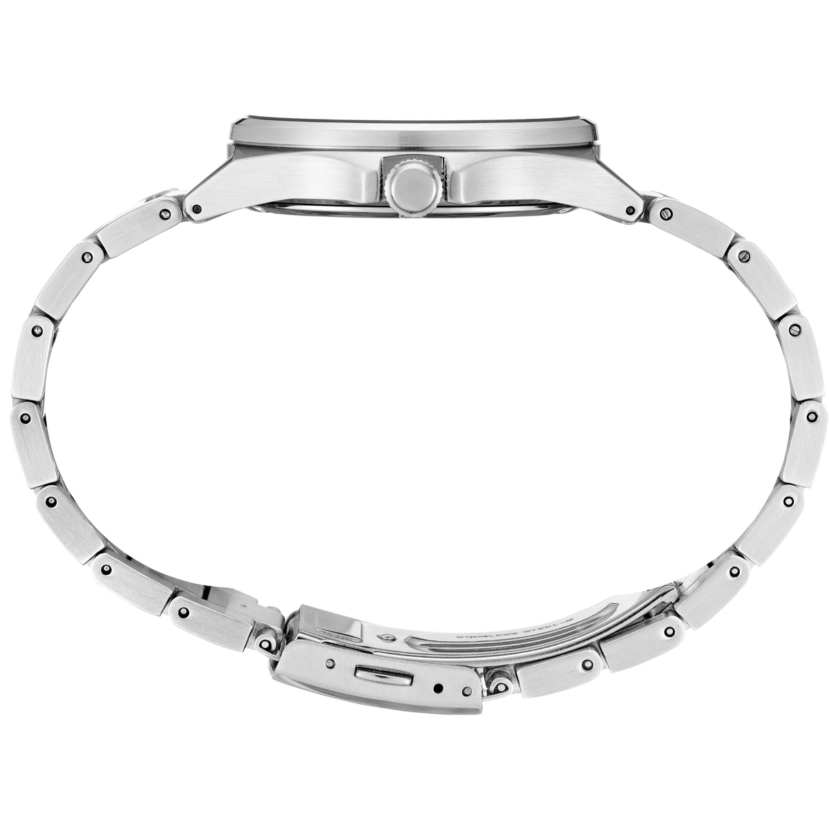 Full side view of the Seiko Essentials SUR503P1 steel link wristband and watch head lying flat