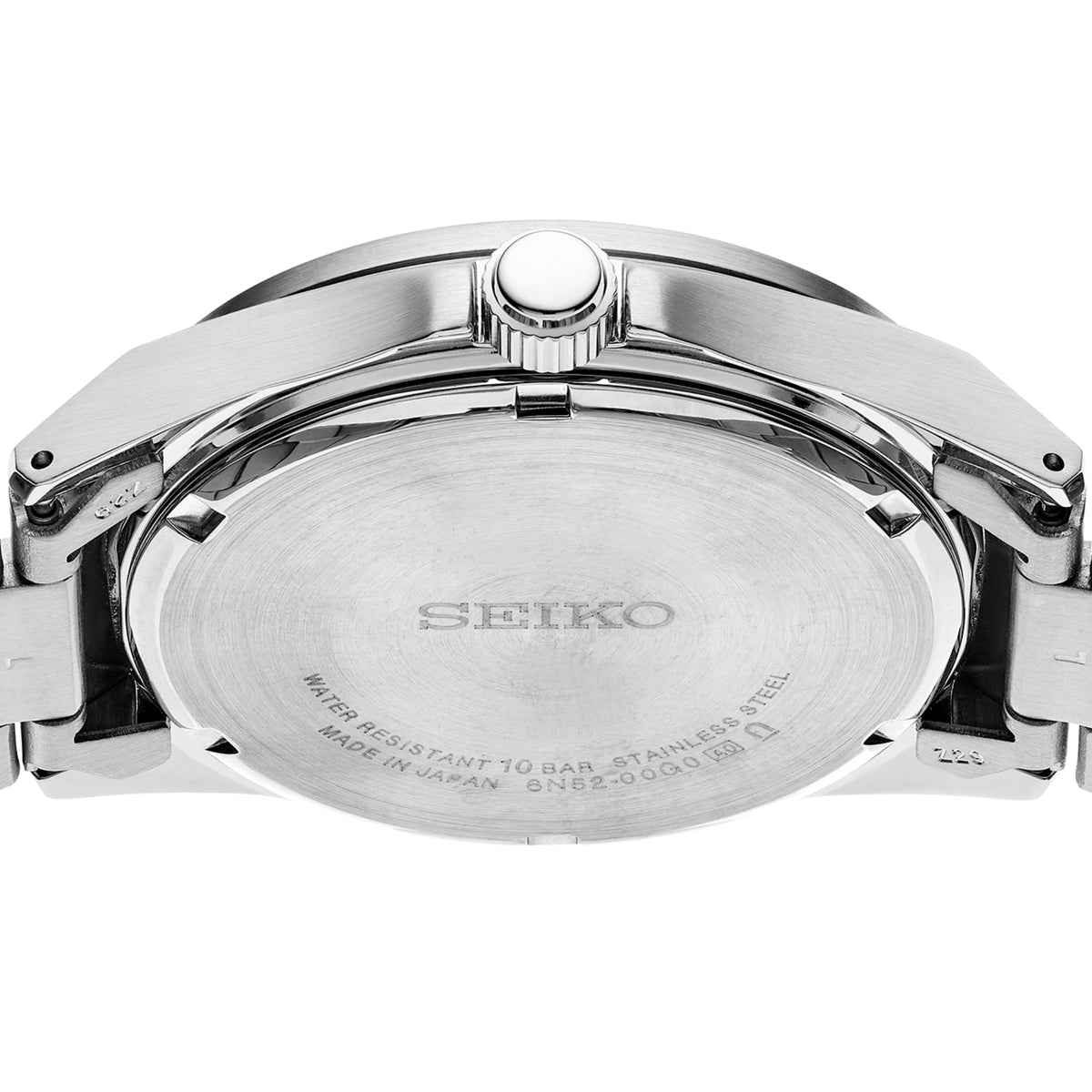 Detailed close-up view of the engraved stainless steel screw-down caseback on the Seiko Essentials SUR503P1 watch