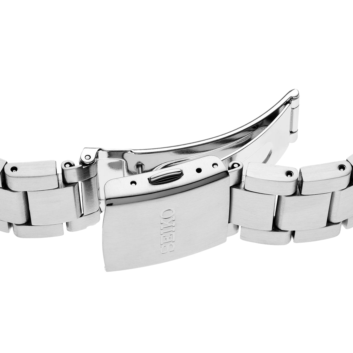 Close-up image of the folding push-button deployment clasp engraved with the logo on the Seiko Essentials SUR503P1
