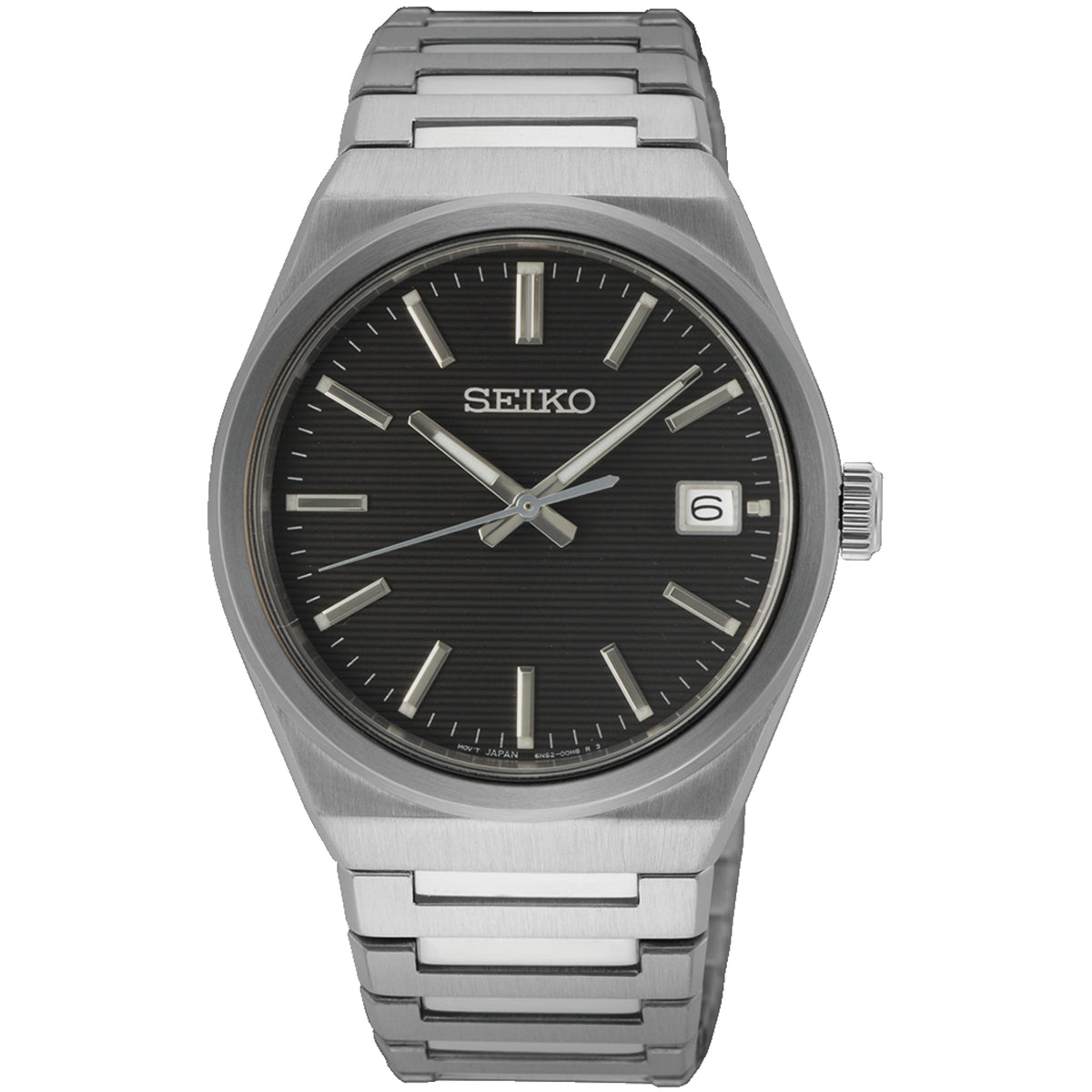Seiko Essentials 39mm black dial steel quartz watch SUR557P1 front view