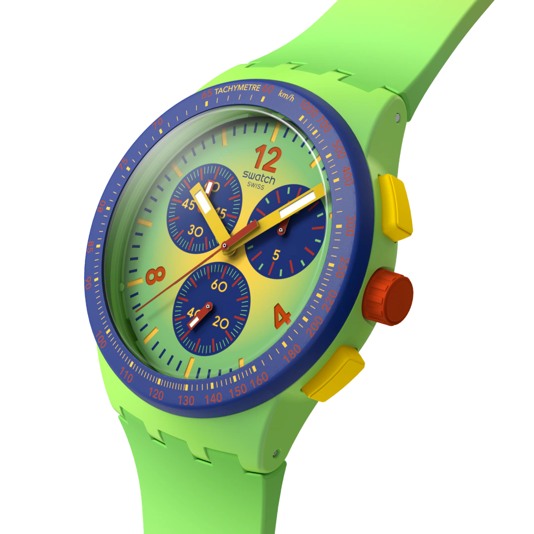 Round green silicone strap watch with multicolor chrono-style dial and Arabic numerals
