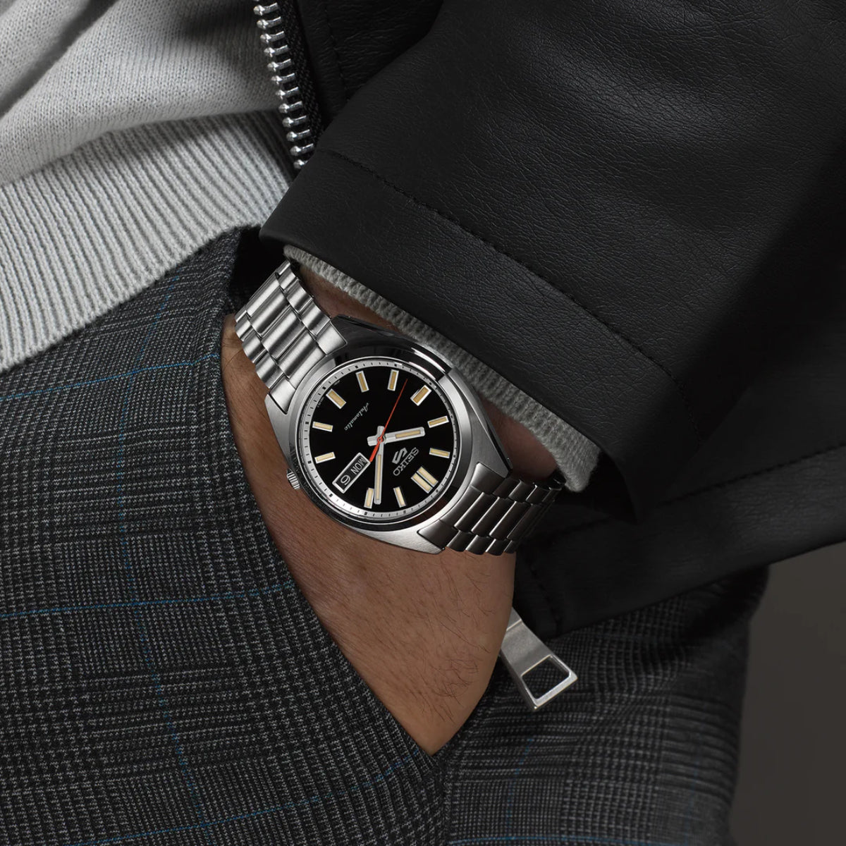 Close-up of Seiko 5 Sports watch SRPK89K1 being worn on a wrist
