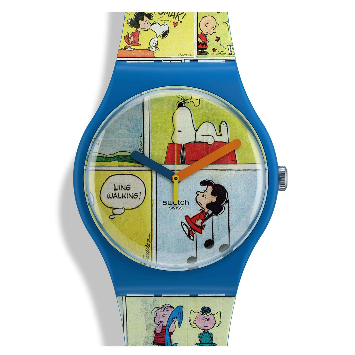 Blue silicone strap watch with Snoopy artwork dial and orange hour hand