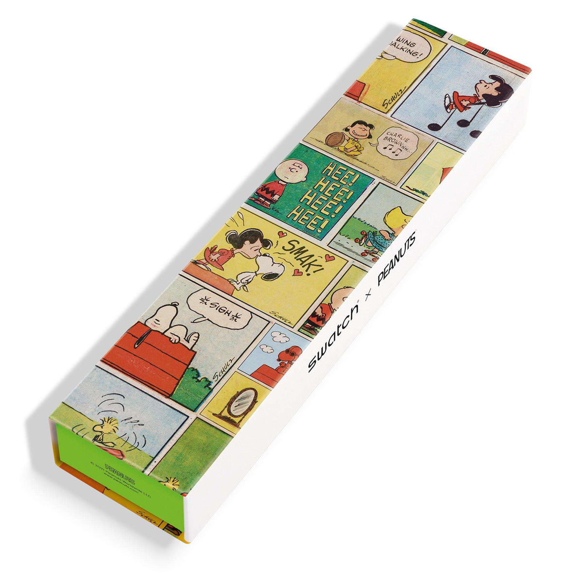 Decorative product box sleeve with comic-style Snoopy strap watch artwork
