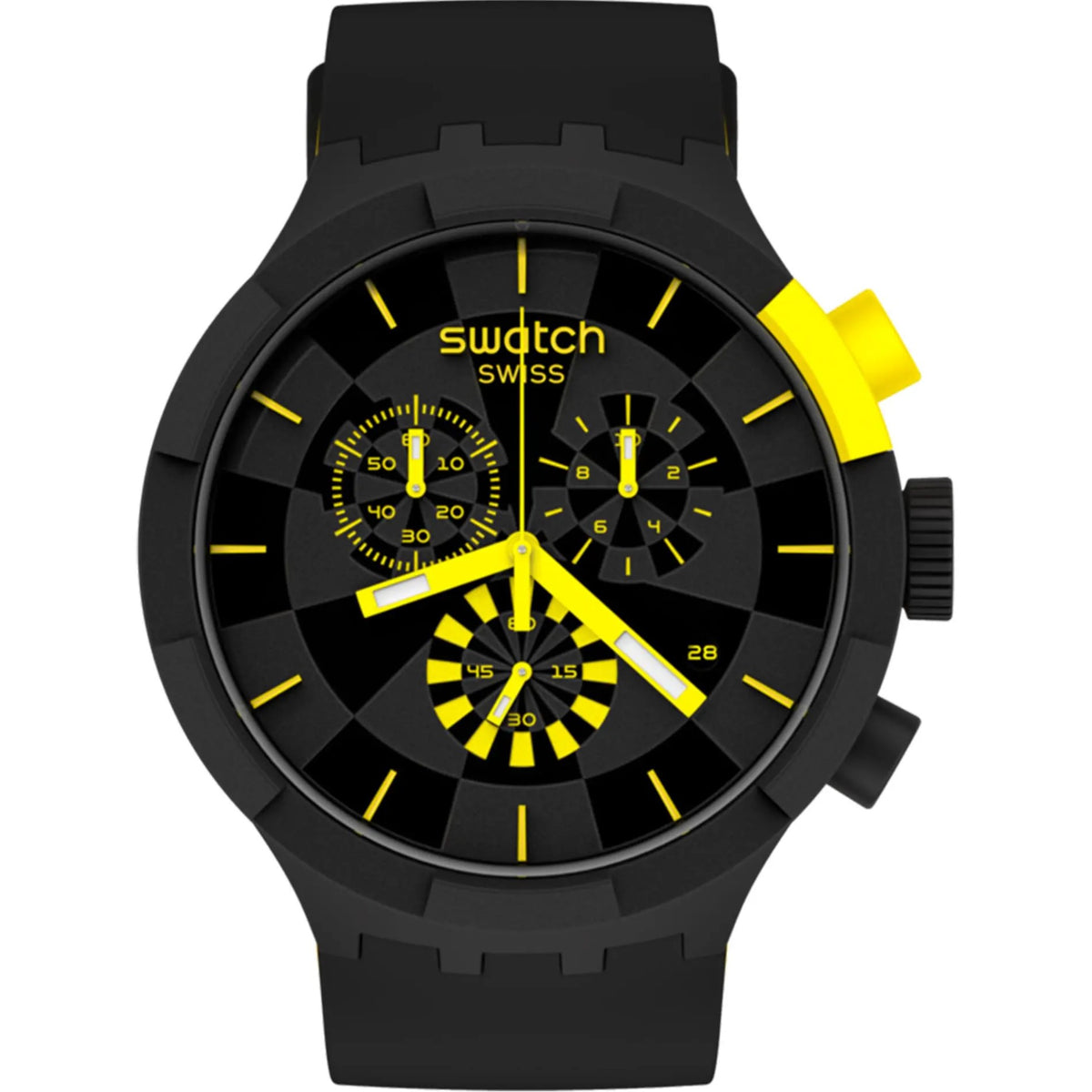 Black chrono watch with yellow dial accents, checkered pattern, black silicone strap