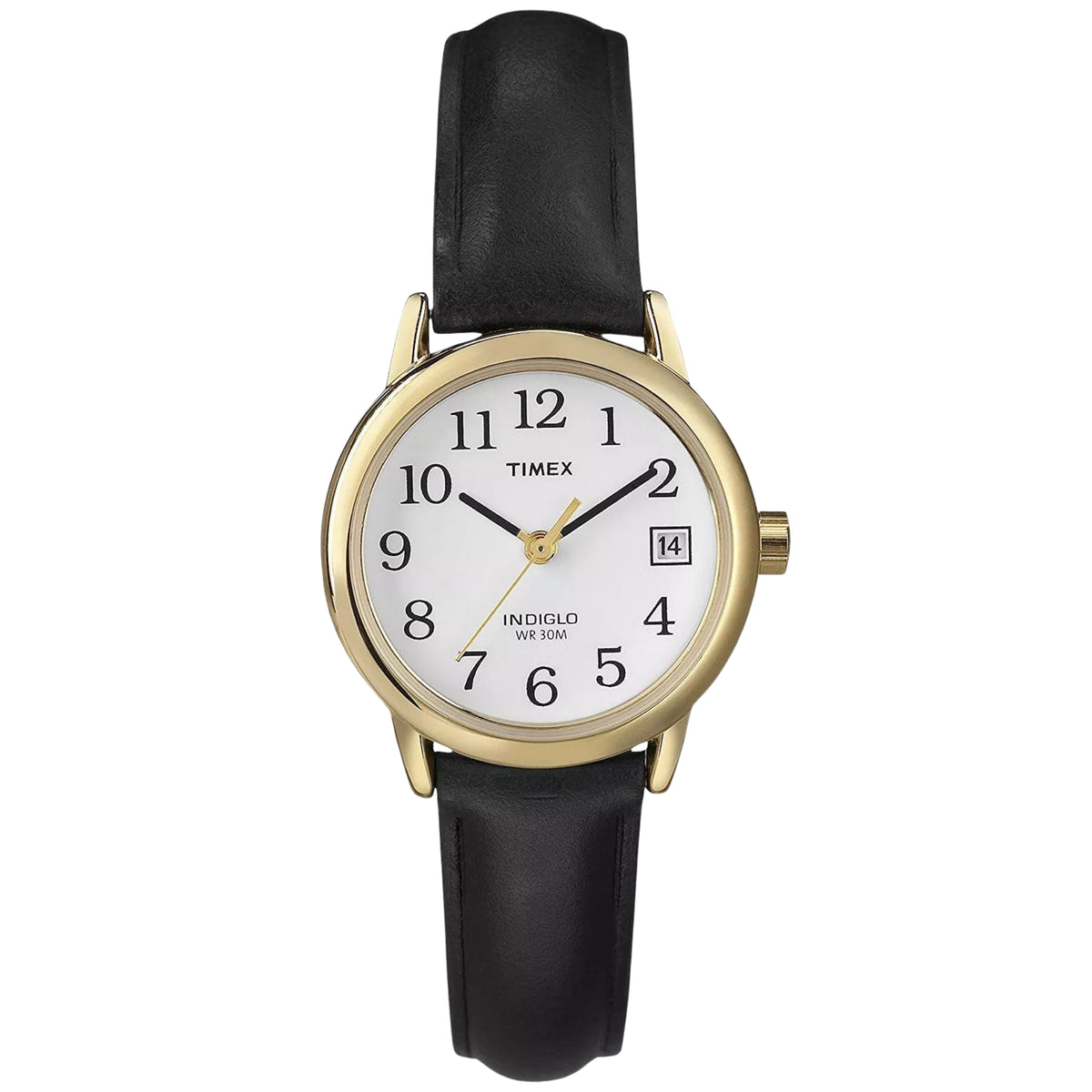 Timex Easy Reader T2H341 front view displaying white dial with Arabic numerals, date window, yellow gold-tone case, and leather strap