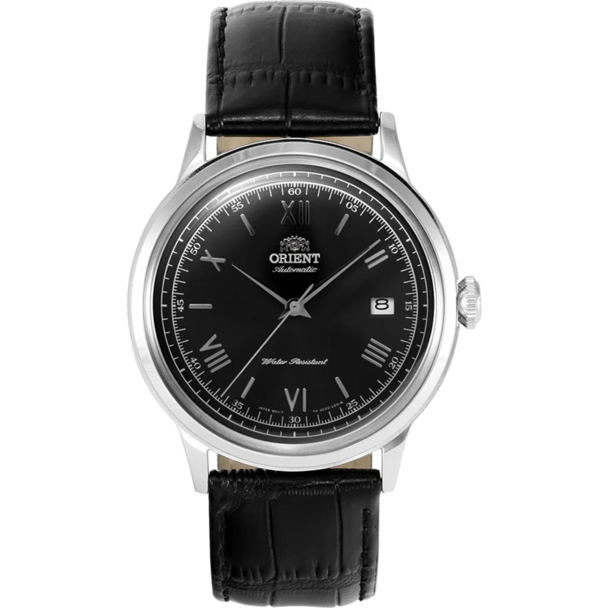 Men's automatic watch with black dial, Roman numerals, and black leather strap