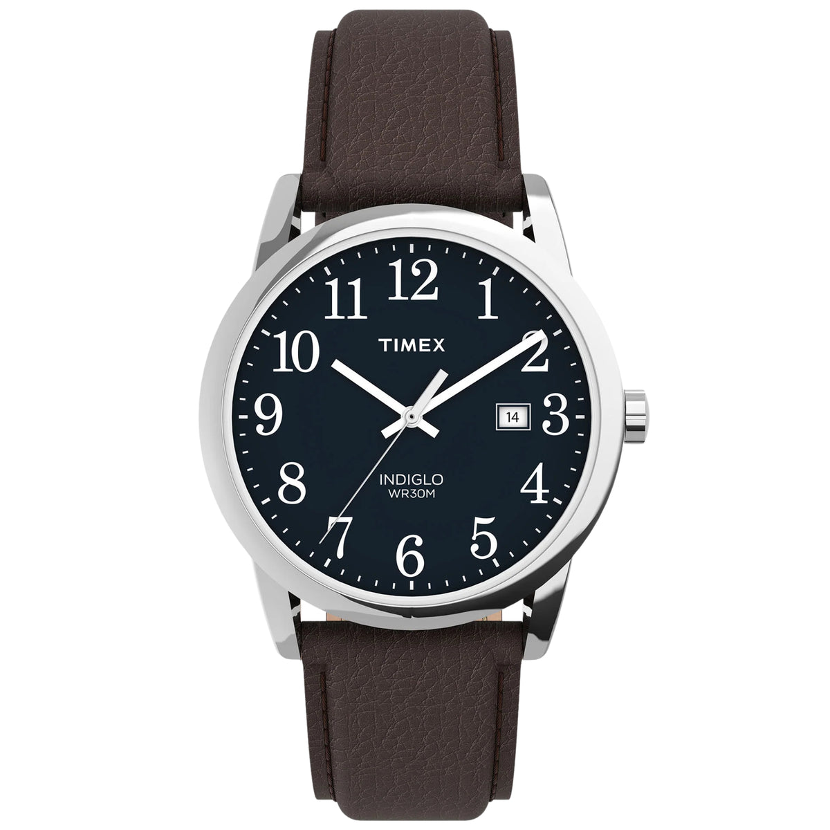 Timex Easy Reader TW2P75900 front view displaying blue dial with Arabic numerals, date display, and leather strap