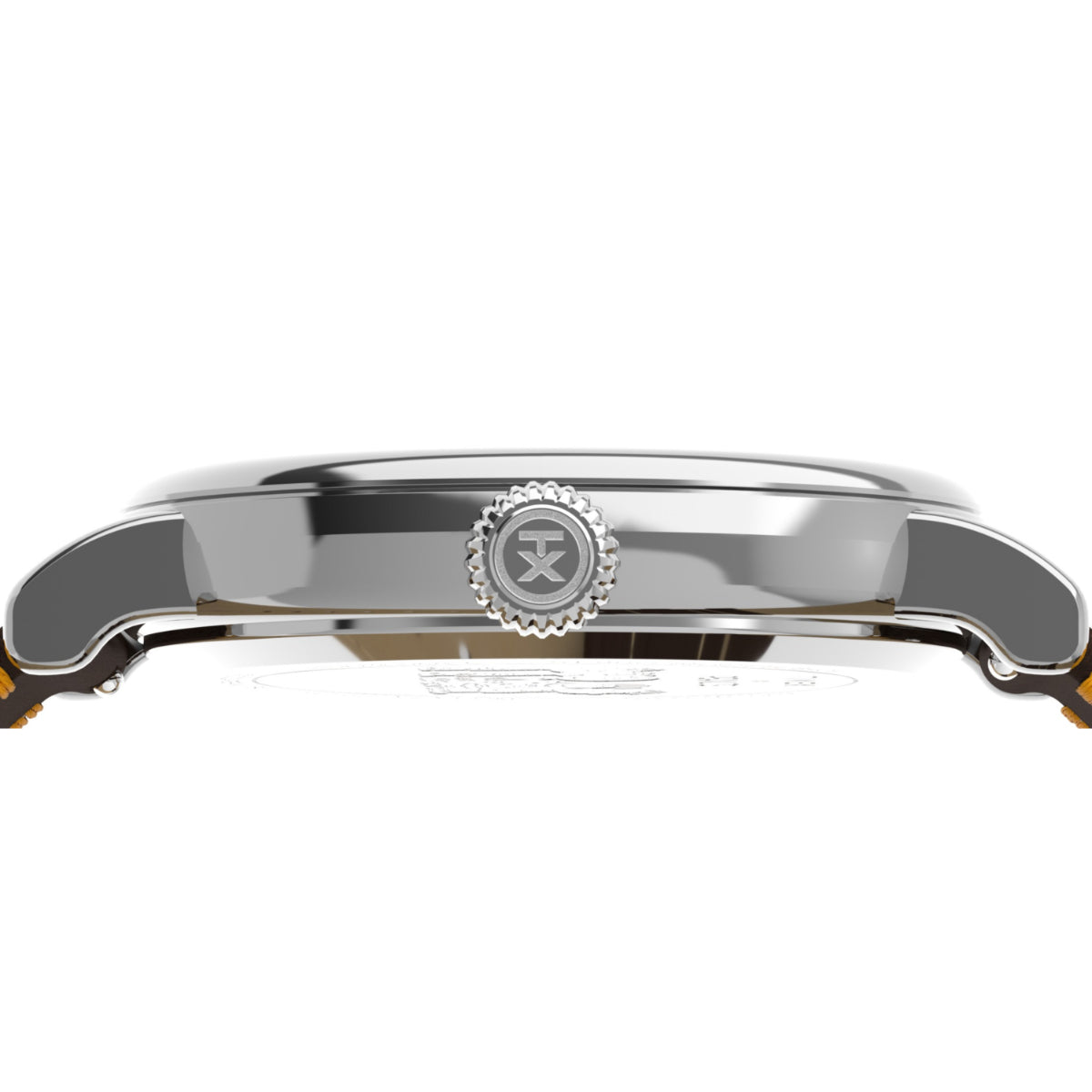 Stainless steel watch case with crown and engraved dial motif, polished finish