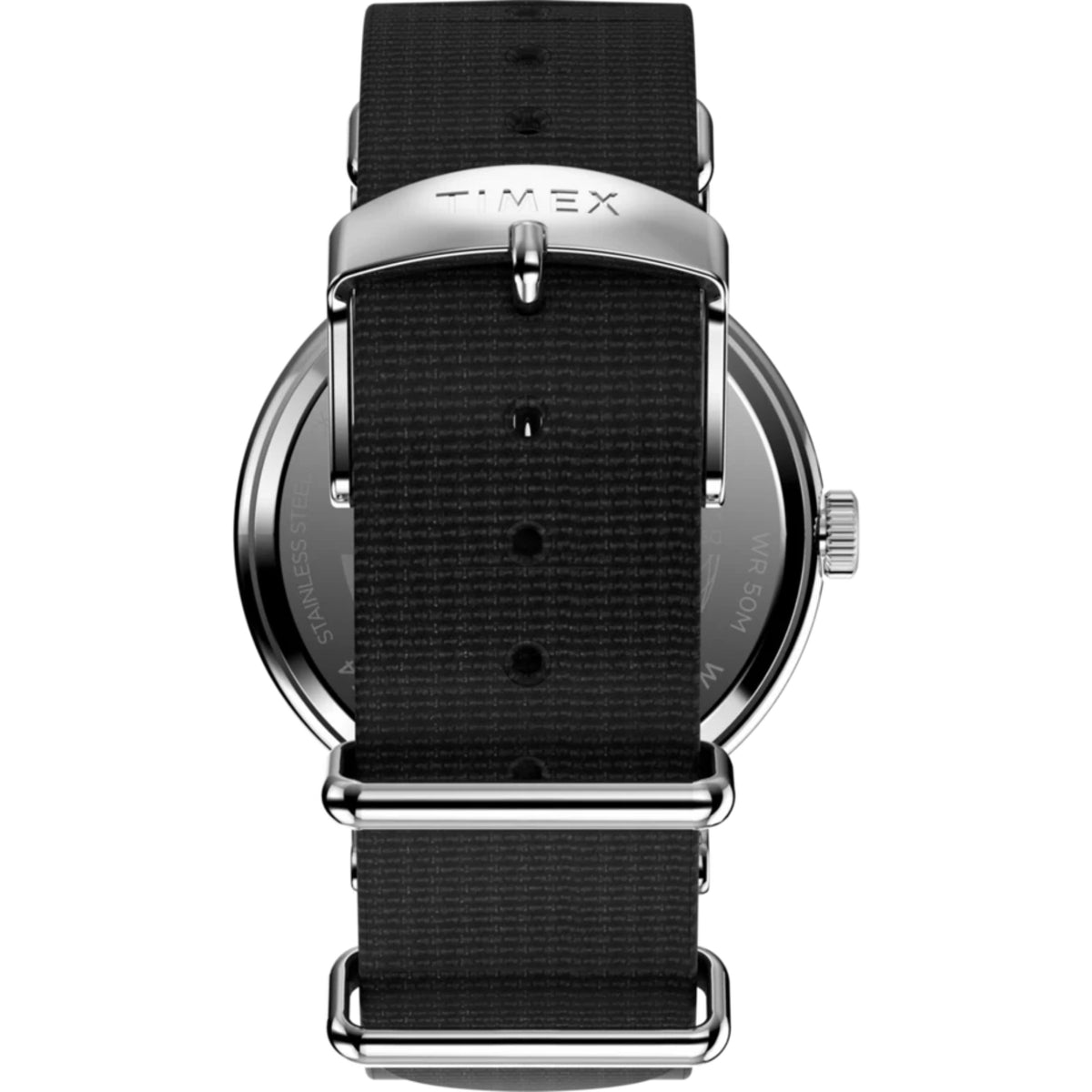 Men's quartz wristwatch with black dial, black fabric strap, and stainless-steel case