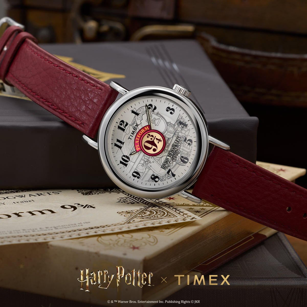 Men's quartz watch with burgundy leather strap, white dial with 9¾ graphic
