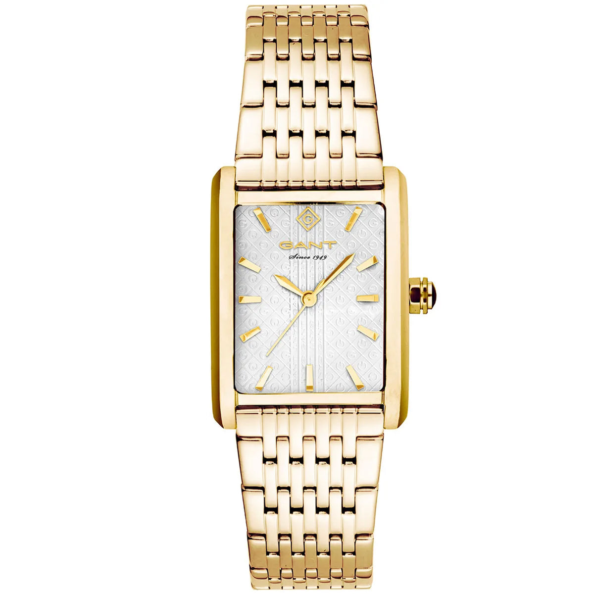 Gold-tone ladies watch with white dial, square case, gold hands and hour markers