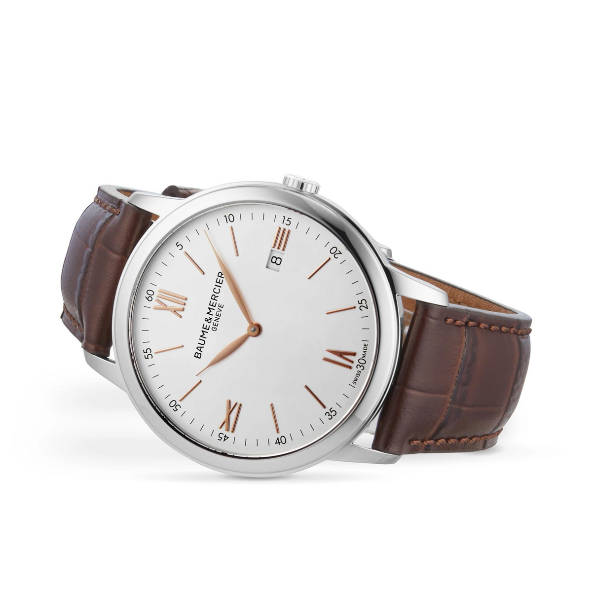 Men's quartz watch with white dial and brown leather strap, angled view