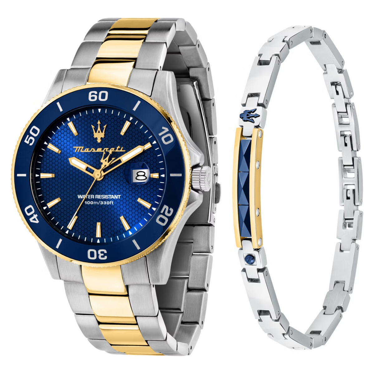 Men's Maserati steel watch, blue dial with gold accents and two-tone bracelet