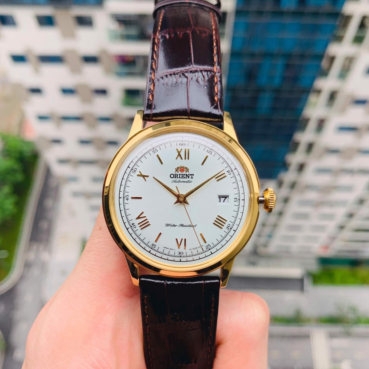 Men's automatic wristwatch on hand: gold case, white dial, black leather strap