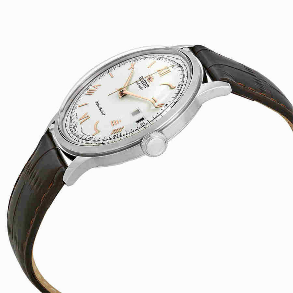 Men's automatic leather watch with white dial, Roman numerals, brown strap, side crown
