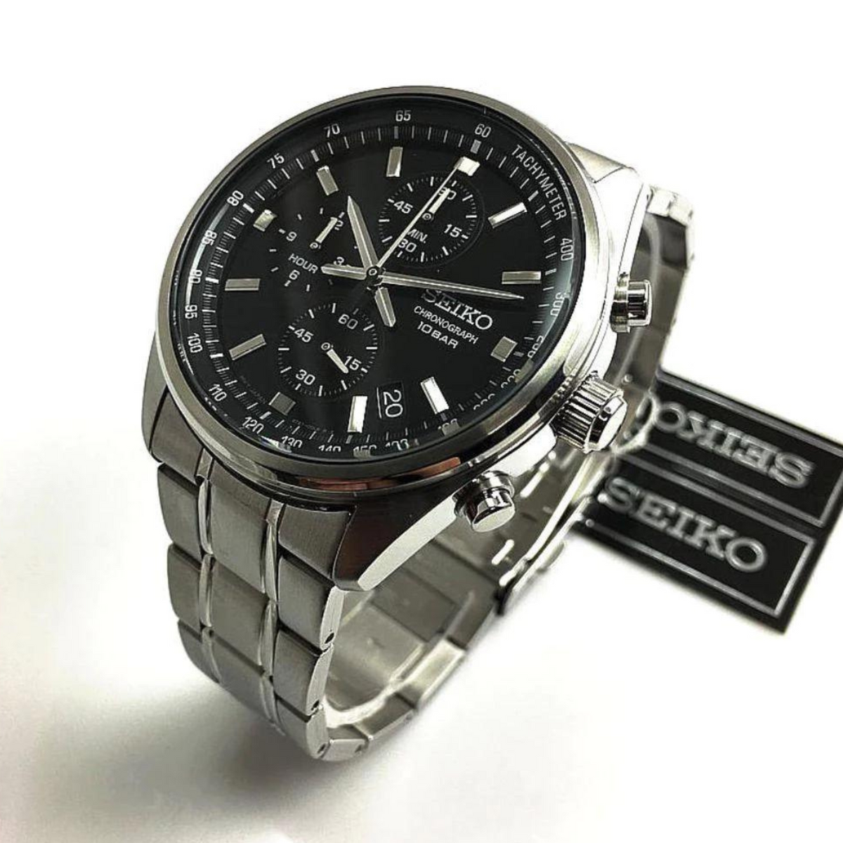 Seiko watch SSB379P1 with black dial and silver metal strap on a white background