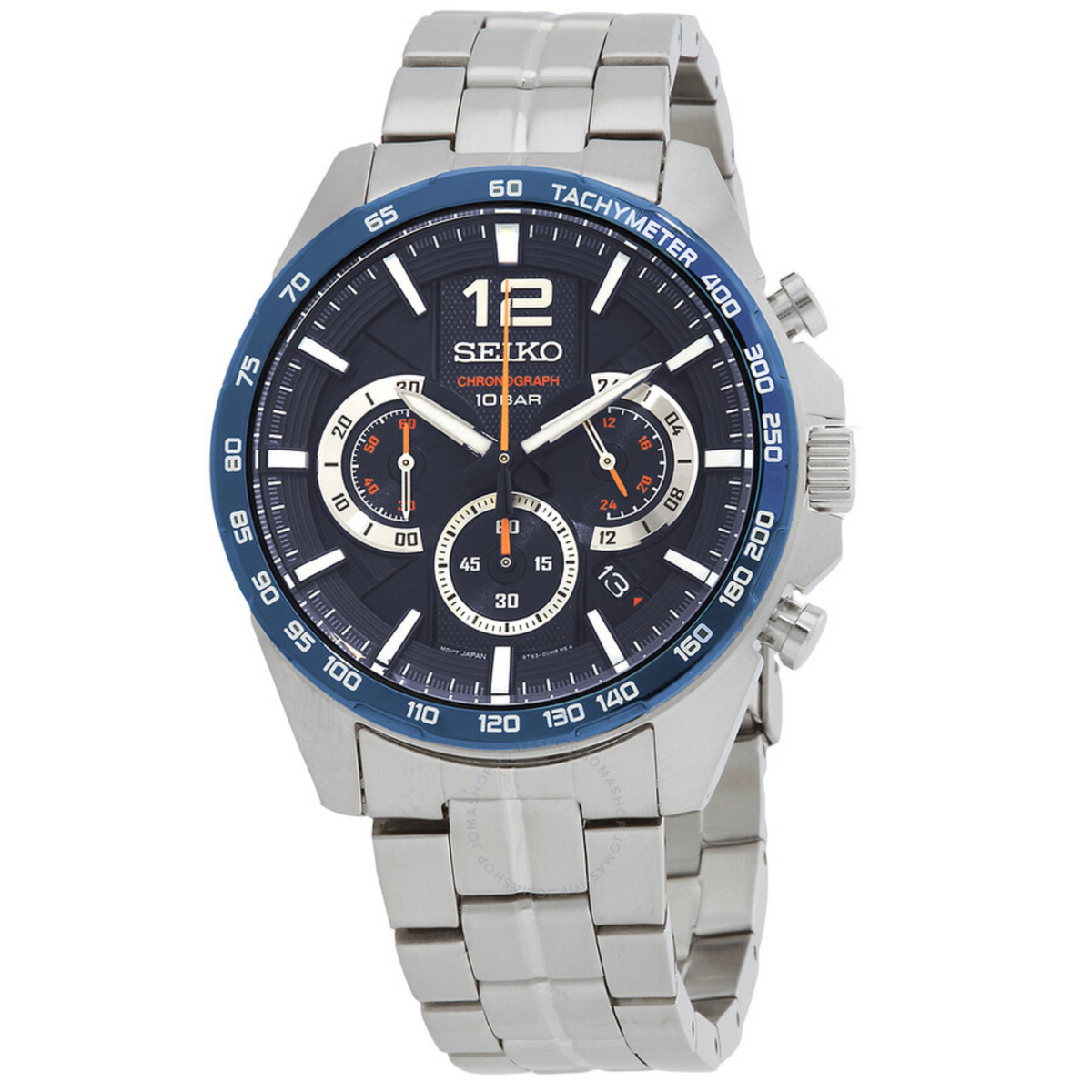 Angled view of Seiko Essentials SSB345P1 chronograph with blue dial and steel bracelet on white background
