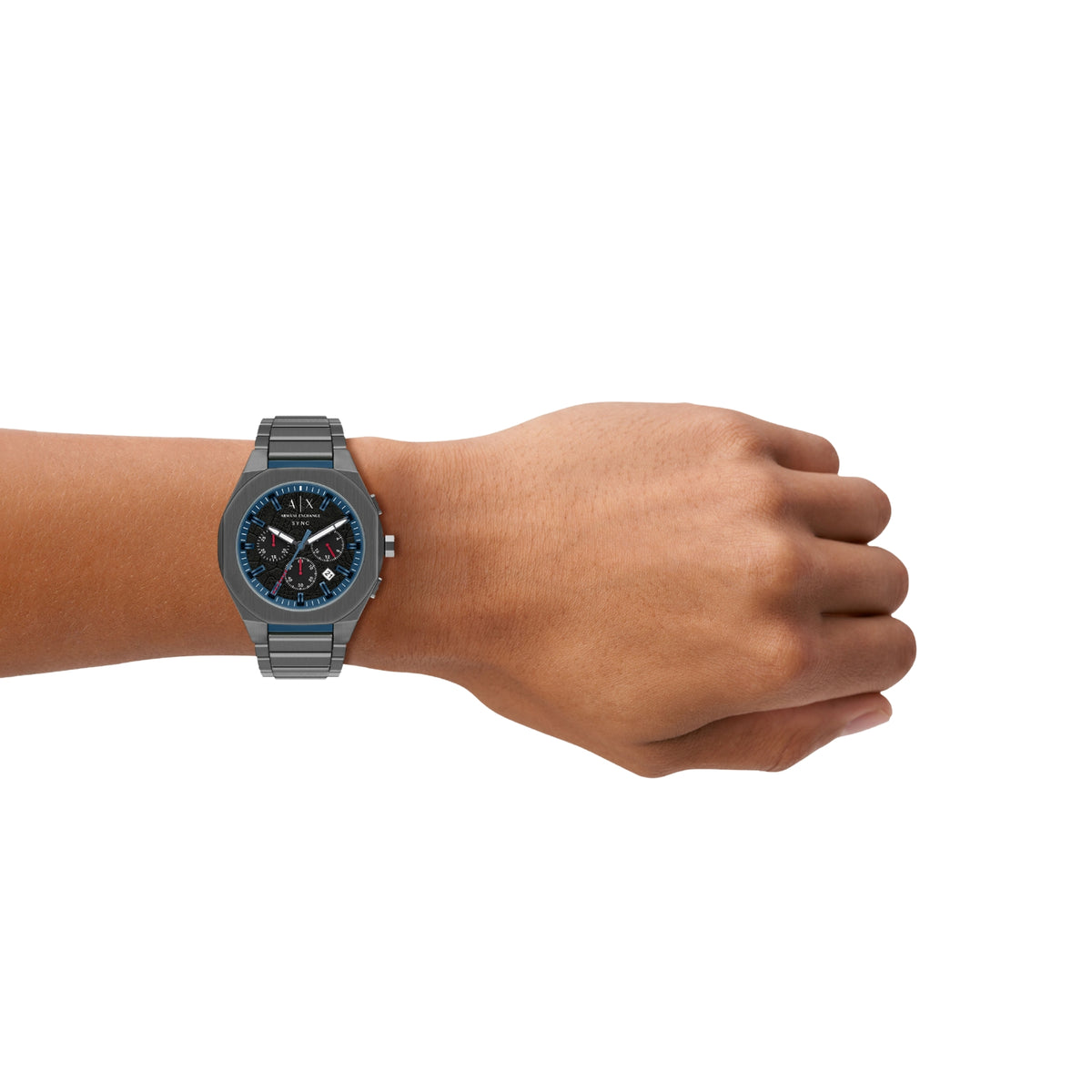 Armani Exchange Sync blue detailed chronograph watch worn on wrist showing modern steel band comfort