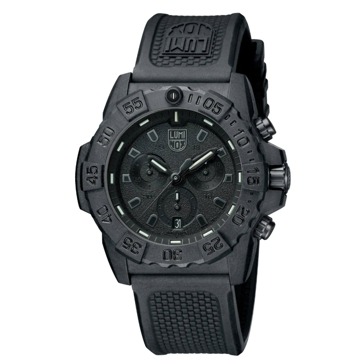 Three-quarter angled studio view of the stealthy Luminox Navy SEAL XS.3581.BO showing the CARBONOX case and sub-dials