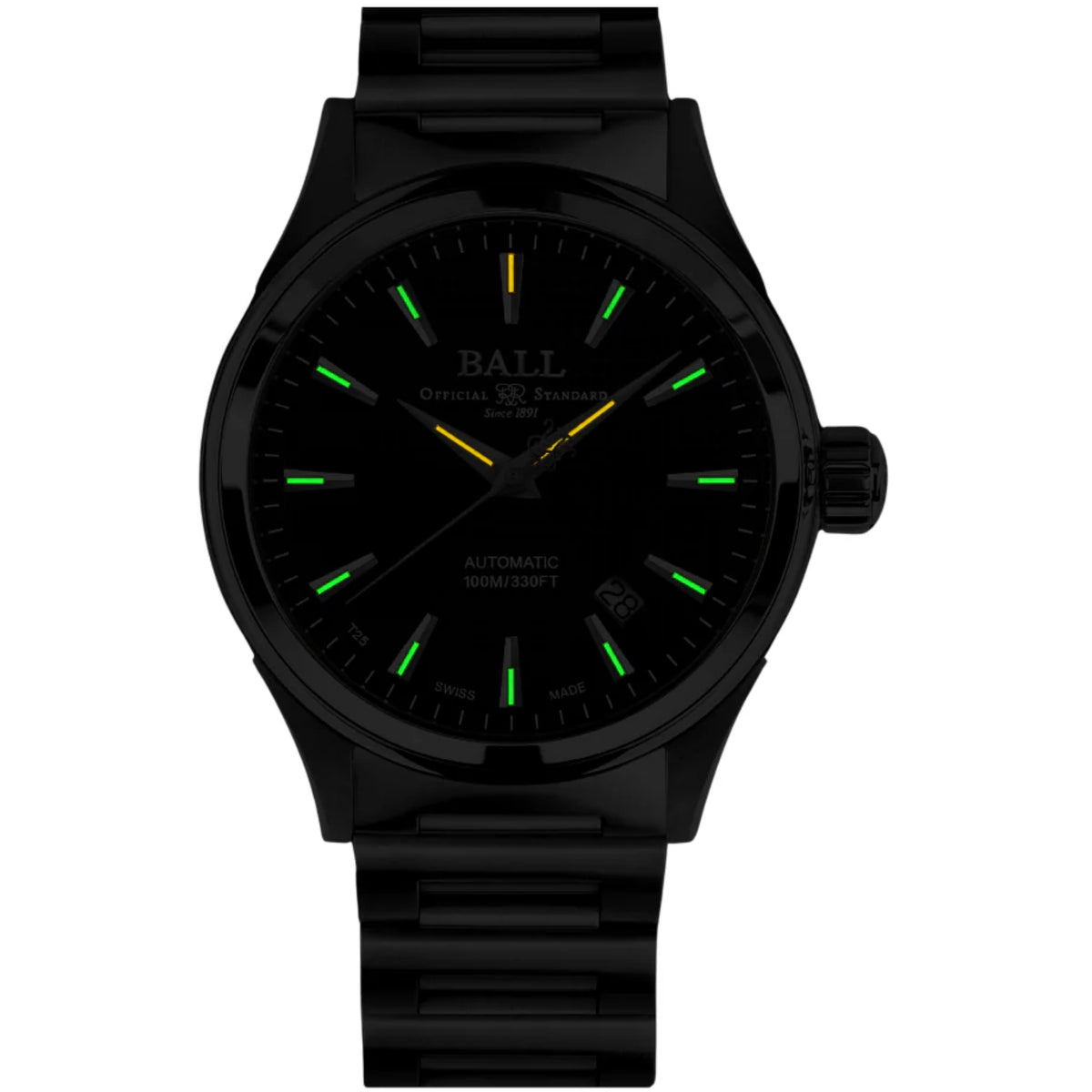 Men's automatic wristwatch with black case and strap, black dial with green markers