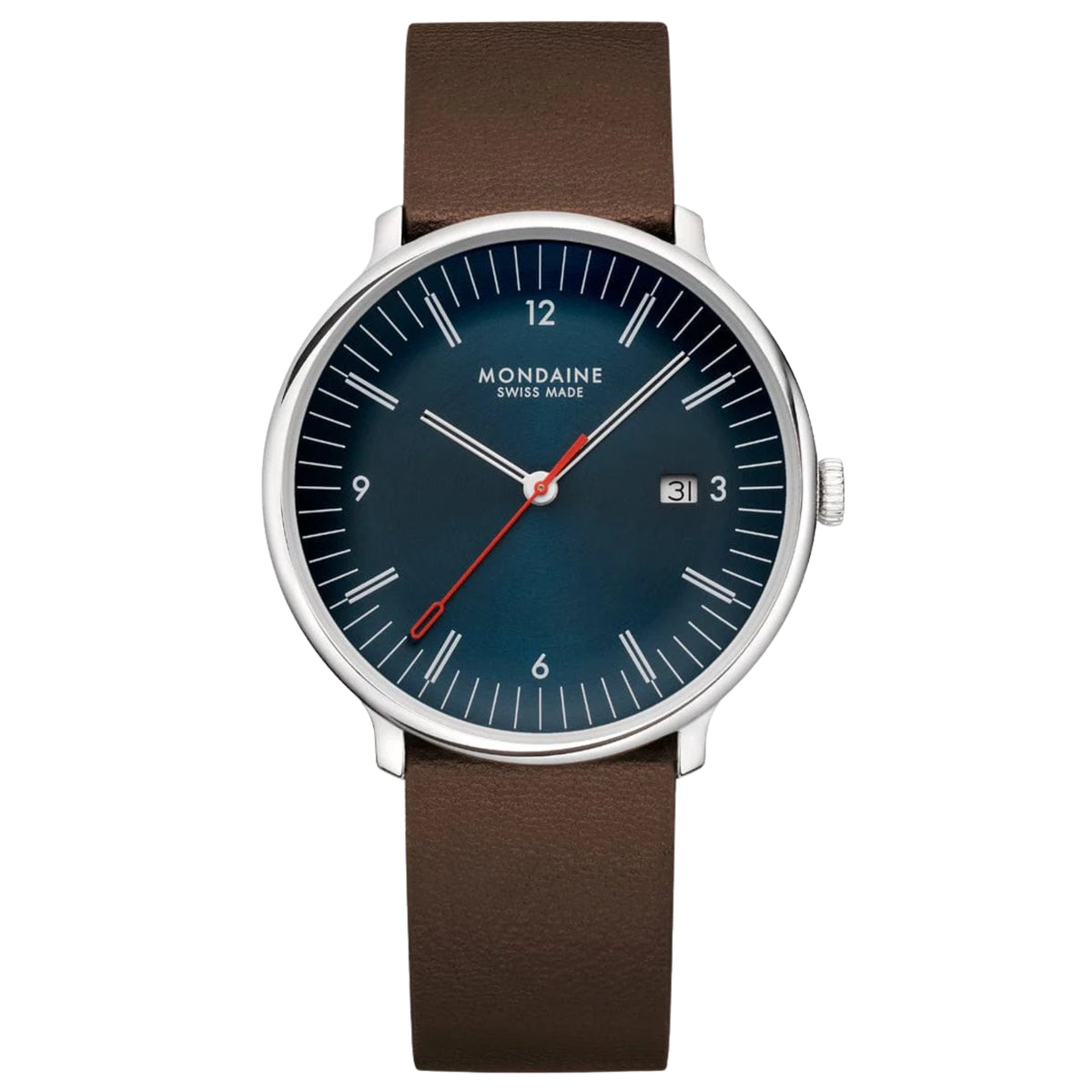 Men's Mondaine quartz watch with blue dial, red hands, brown leather strap