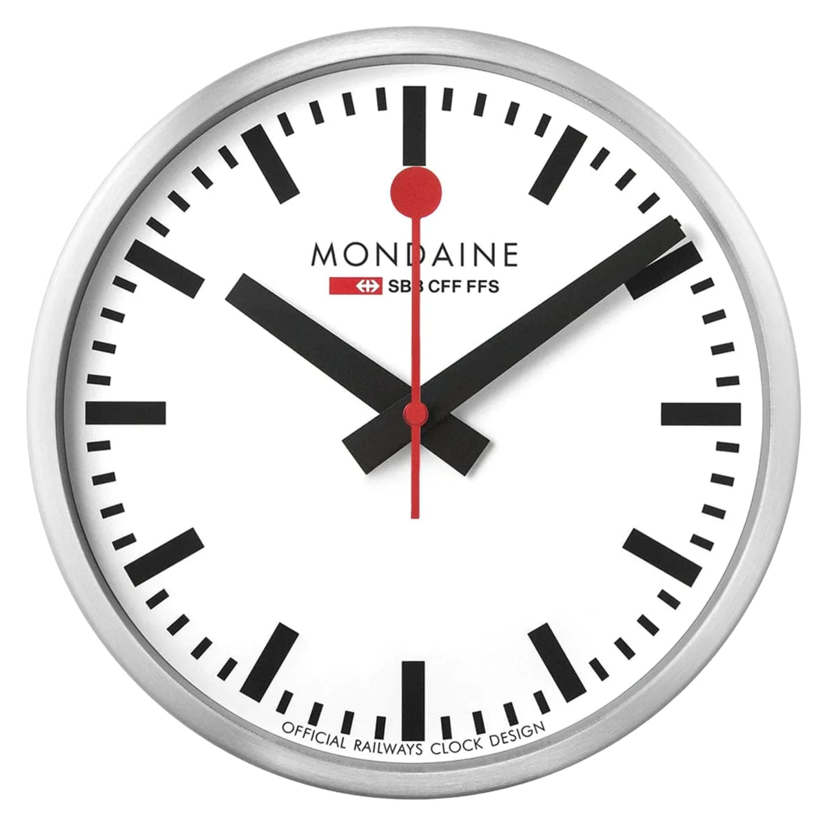 Close-up round Mondaine stop2go wall clock, silver frame and white dial with black hands