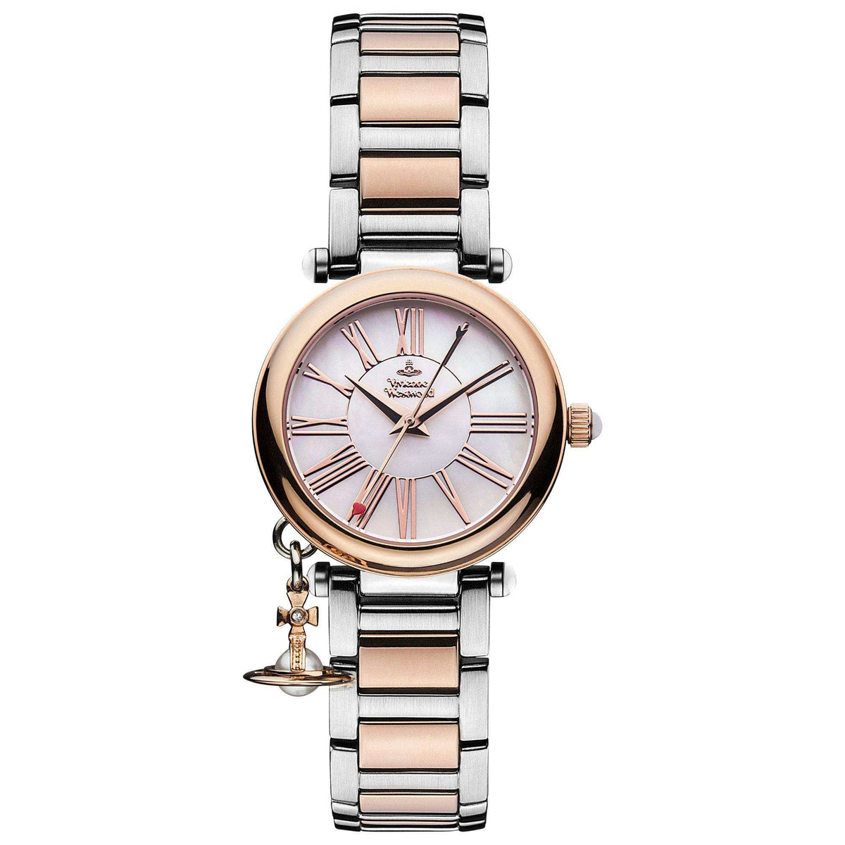 Vivienne Westwood Mother Orb VV006PRSSL ladies analogue timepiece featuring a mother of pearl dial, two-tone bracelet, and orb charm