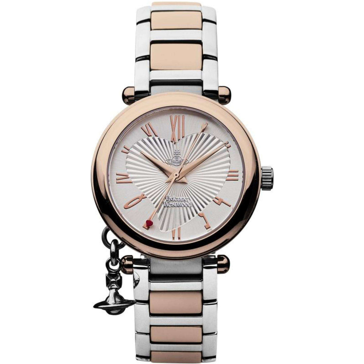 Vivienne Westwood Orb VV006RSSL womens quartz analogue timepiece featuring a silver dial, heart textured center, two-tone bracelet, and orb charm