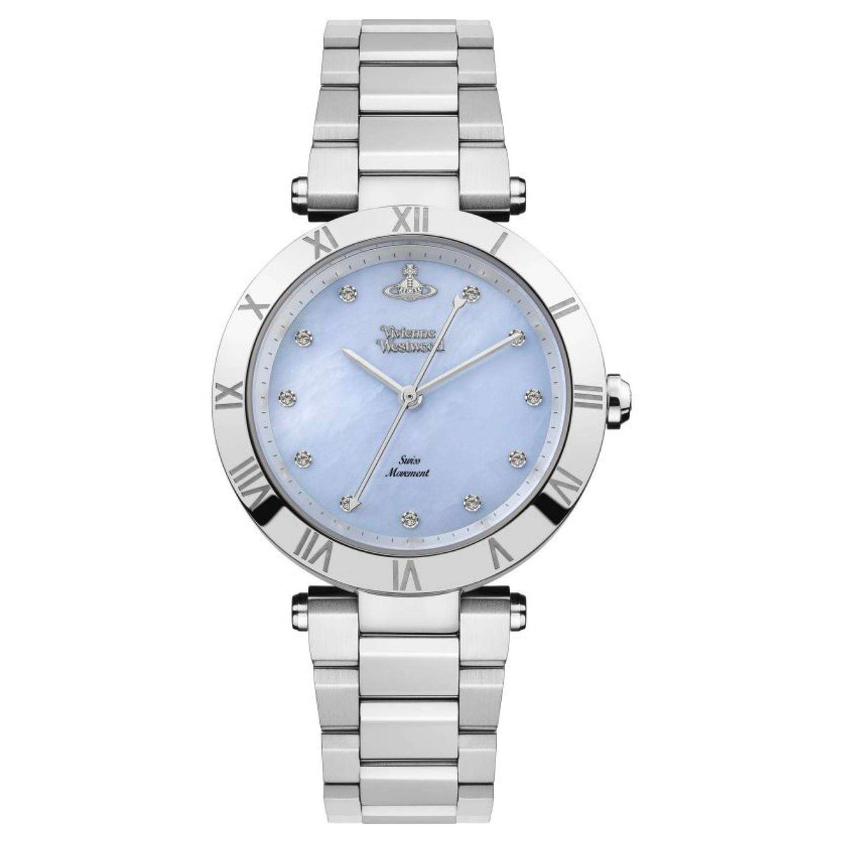 Vivienne Westwood Montagu VV206BLSL quartz watch featuring a blue mother of pearl dial with a steel strap