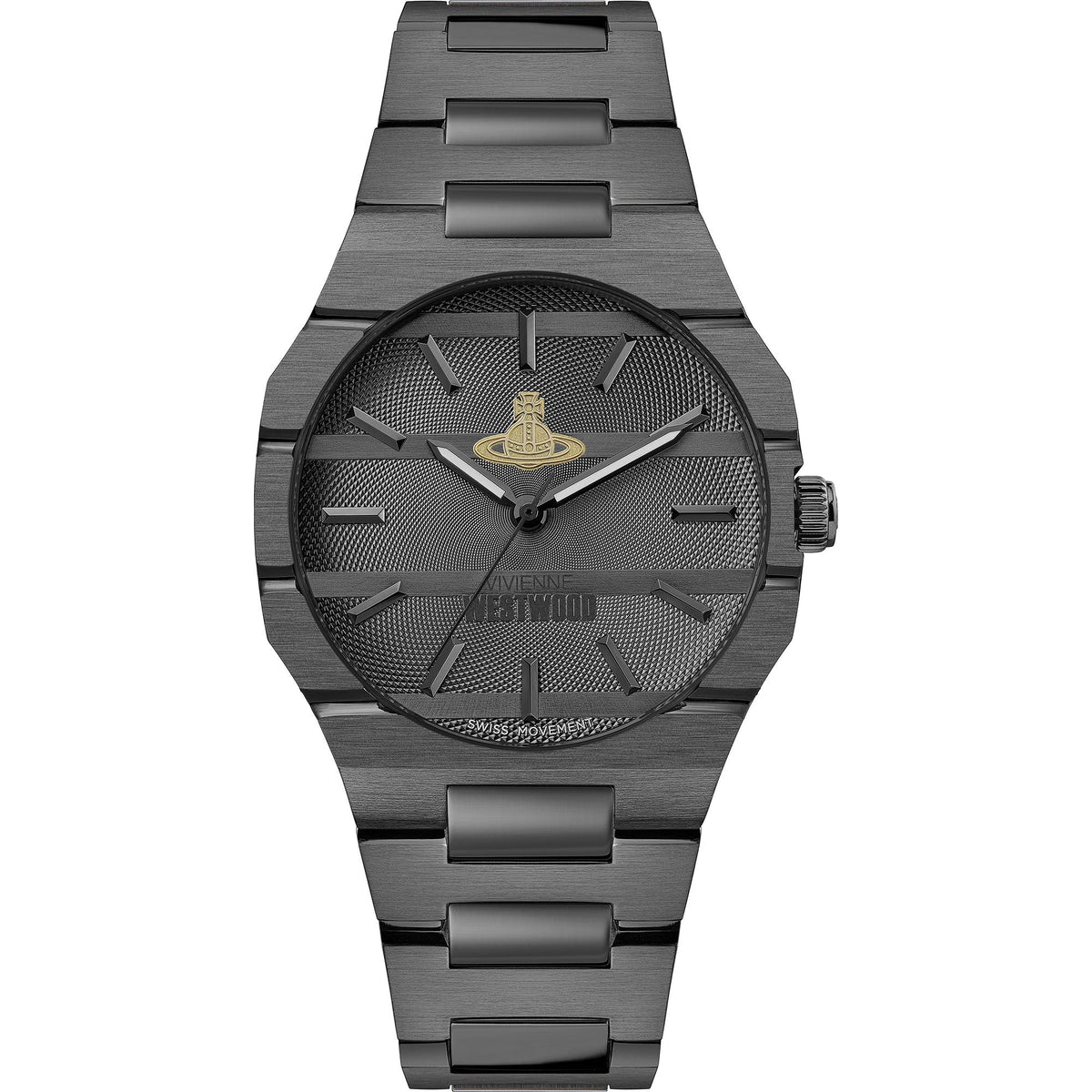 Vivienne Westwood The Bank VV294GYGN watch displaying a black dial and steel bracelet