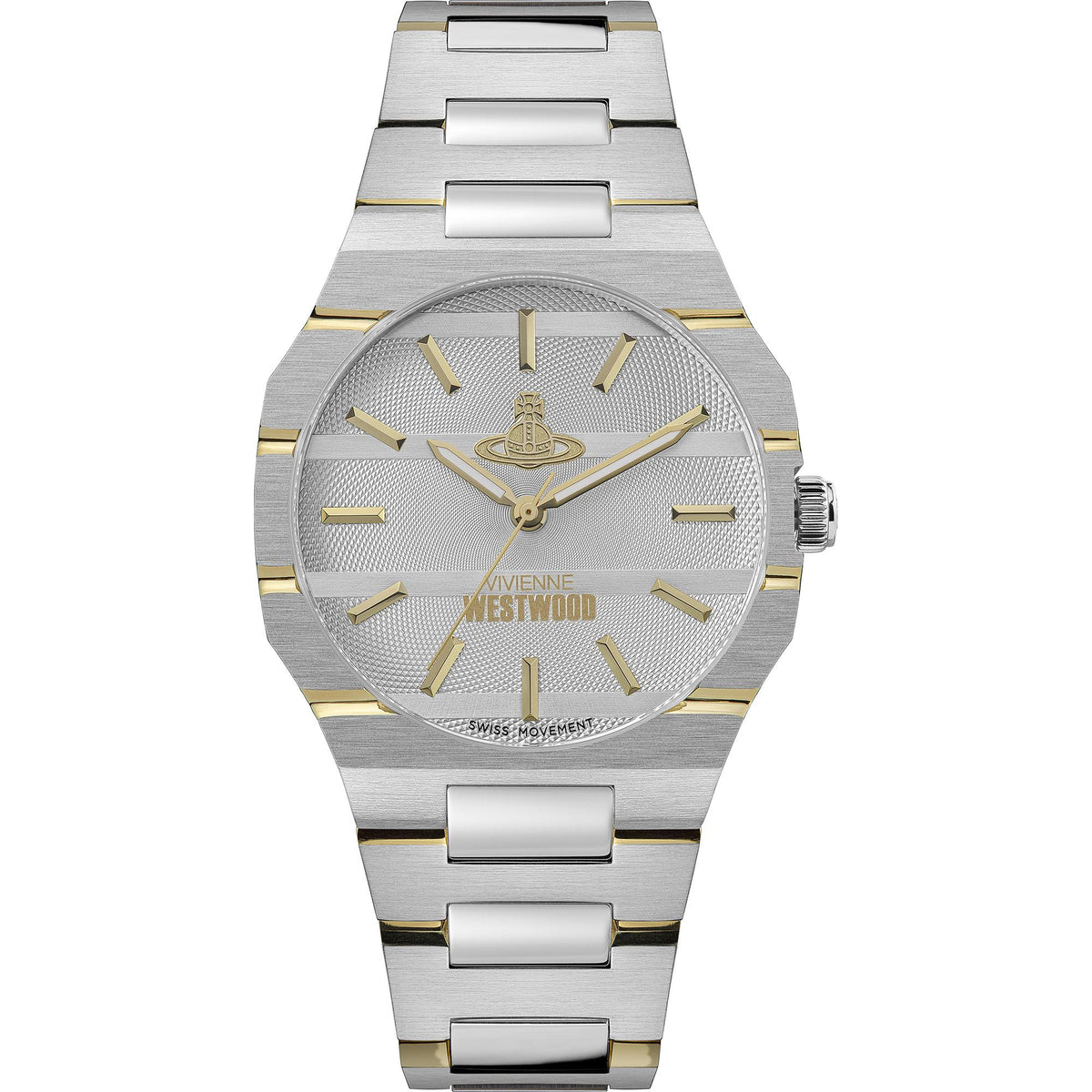 Vivienne Westwood The Bank VV294LCGSG watch showing a silver dial with a steel case and bracelet