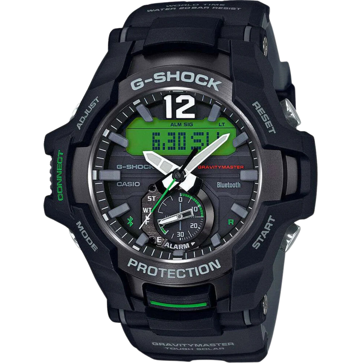 Men's G-SHOCK Gravitymaster watch, angled view with green LCD dial and black resin strap