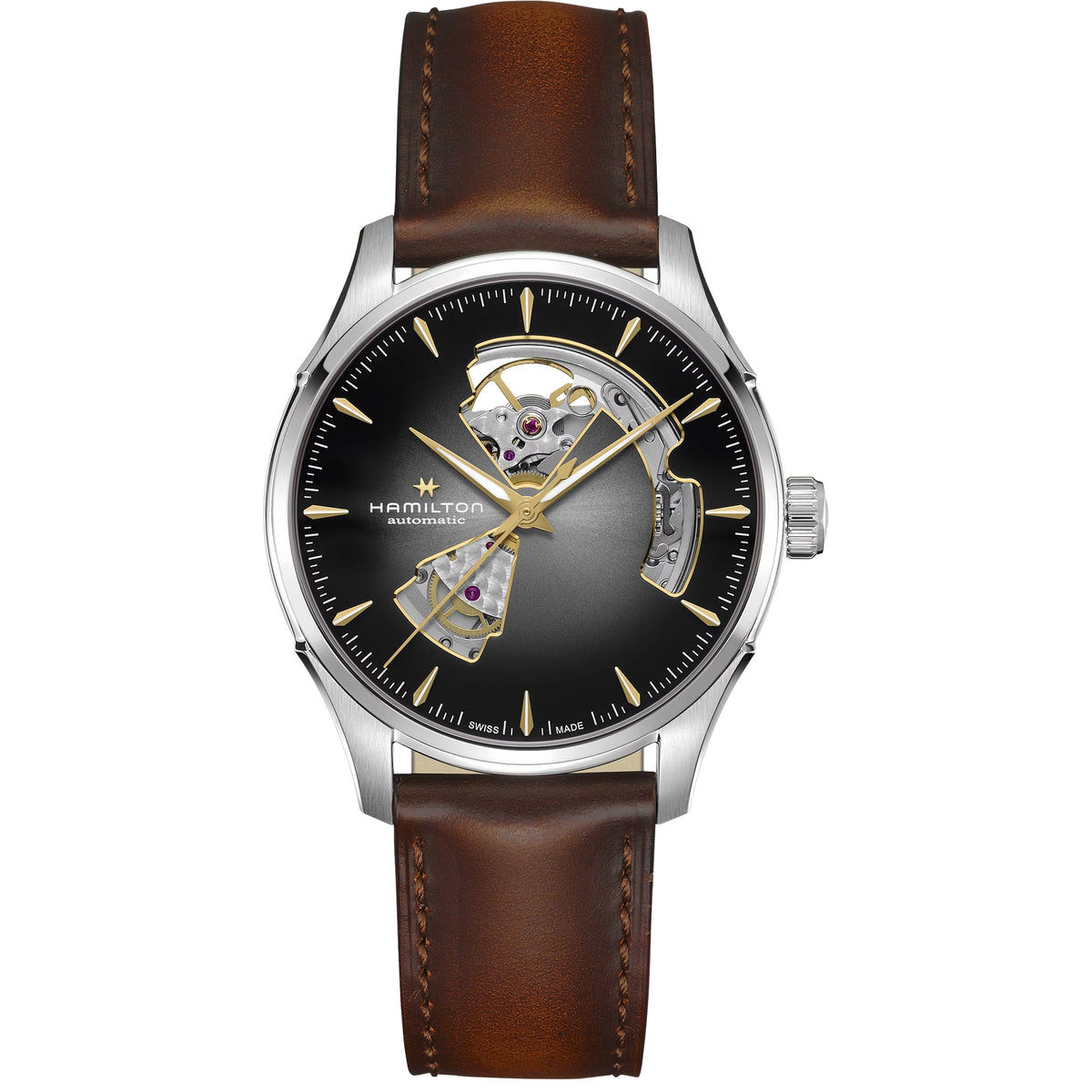 Men's automatic open-heart watch, black dial, brown leather strap, stainless case