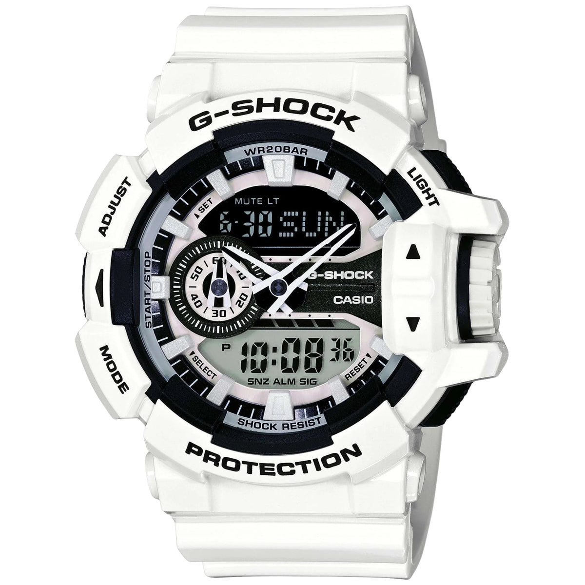 Men's Casio G-Shock digital watch with white resin band, black bezel, dual displays