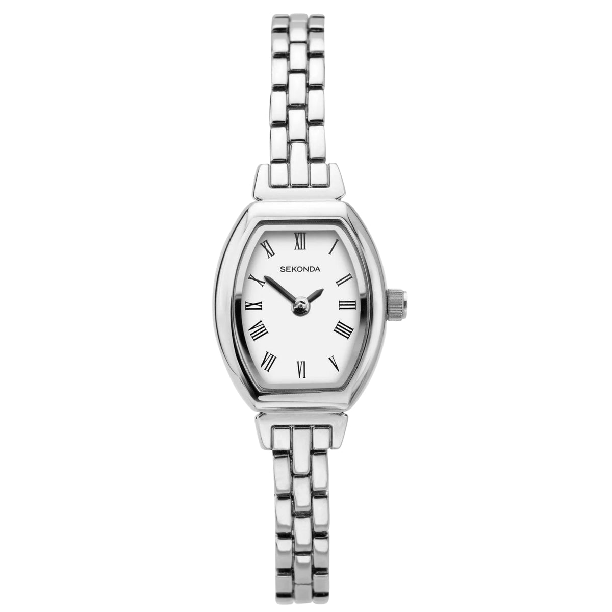 Ladies stainless steel watch with white dial, Roman numerals, and side crown detail