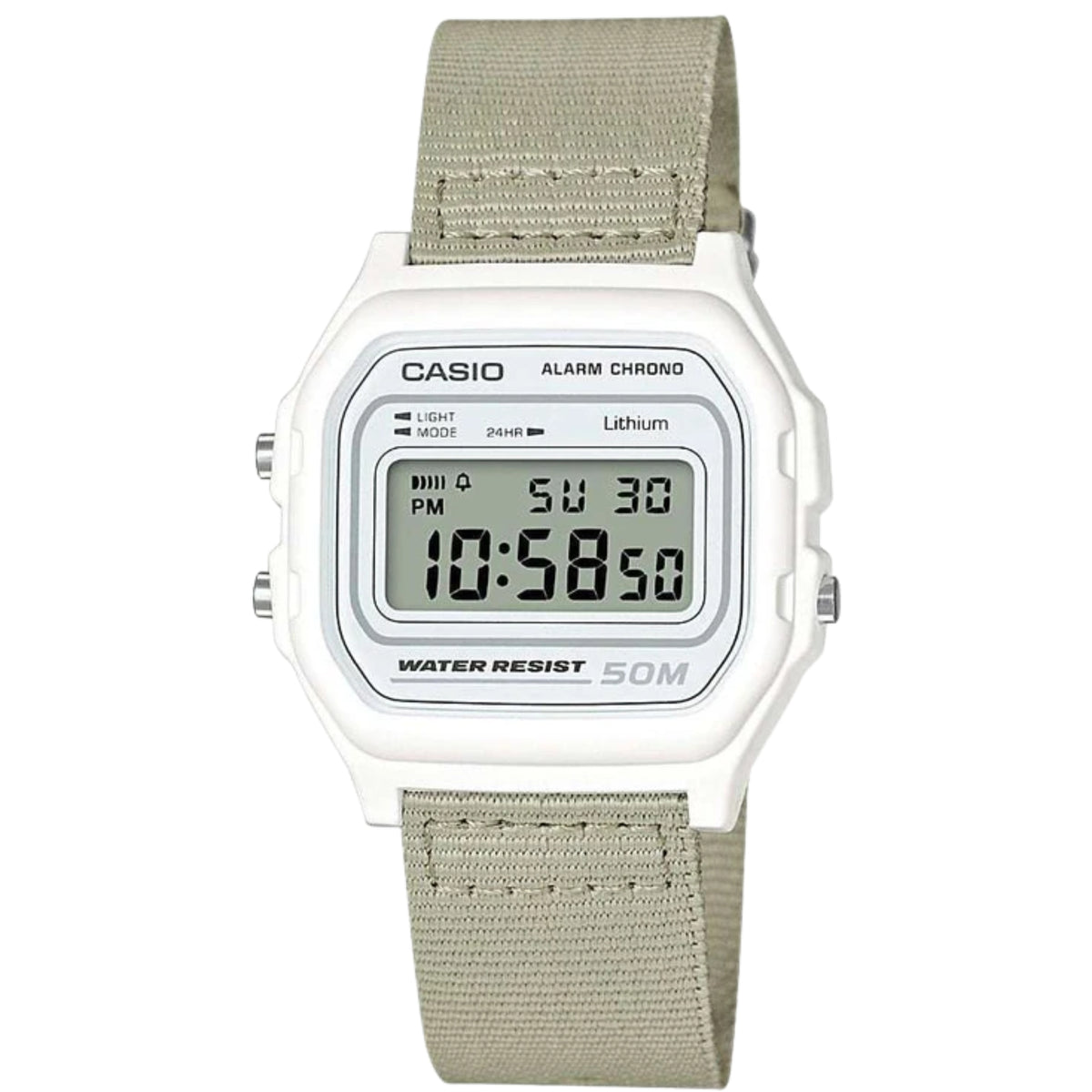Casio alarm chronograph watch with green fabric strap, digital display, water resistant 50M