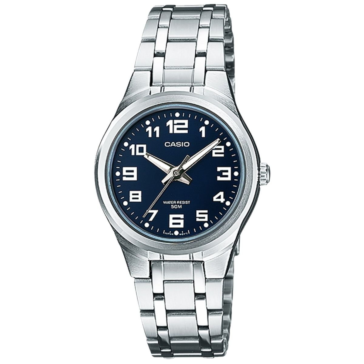 Women's quartz watch with blue dial and silver stainless steel bracelet strap, CASIO