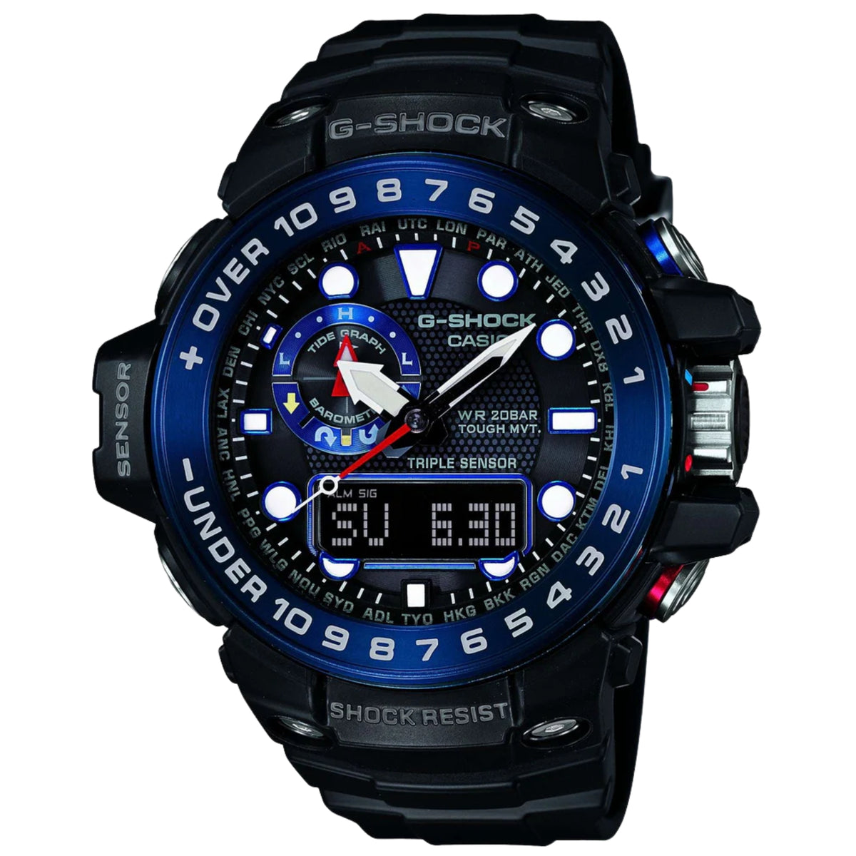 Black resin G-Shock wristwatch with blue dial, alarm chronograph and digital display