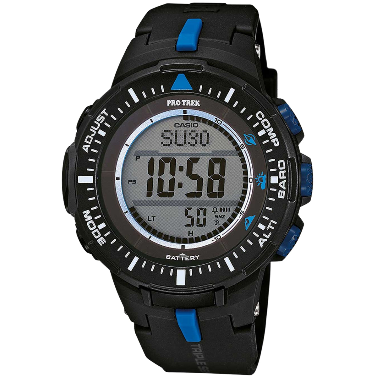Men's Casio Pro Trek digital watch with black case and blue accents, LCD display