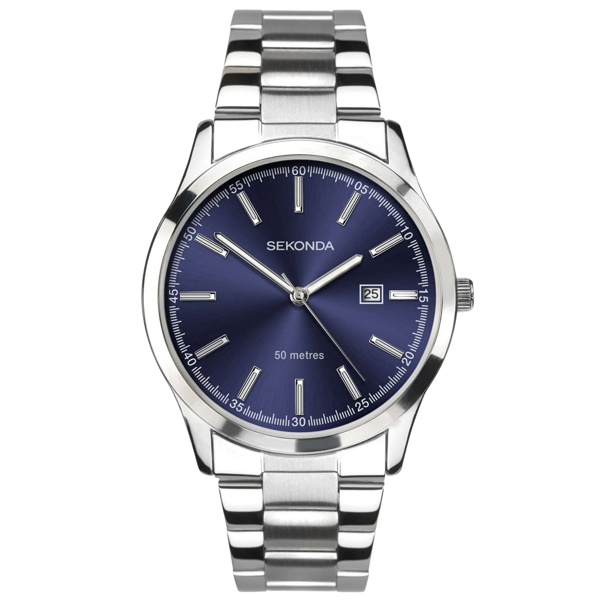 Sekonda blue dial watch with silver case, baton hands, and steel link bracelet