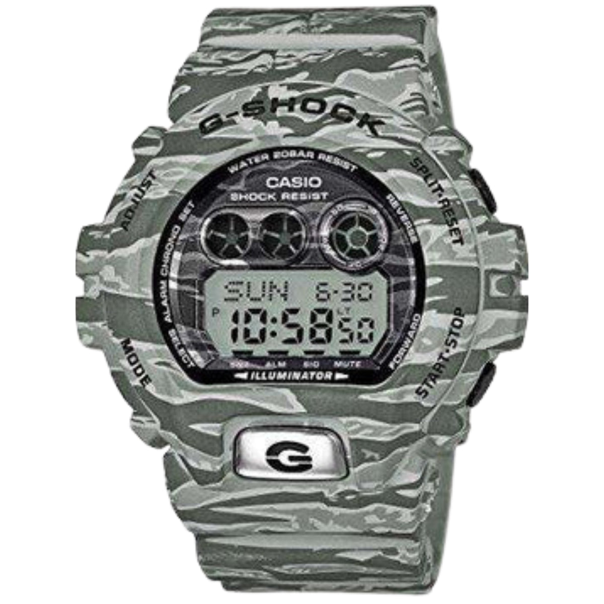 G-Shock GD-X6900TC-8ER camo digital watch with dark face and gray strap