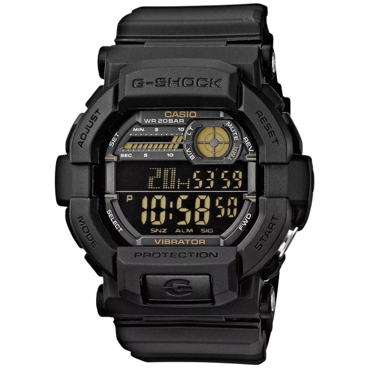 Men's black Casio G-Shock digital wristwatch with vibrating alarm and chrono-style timing