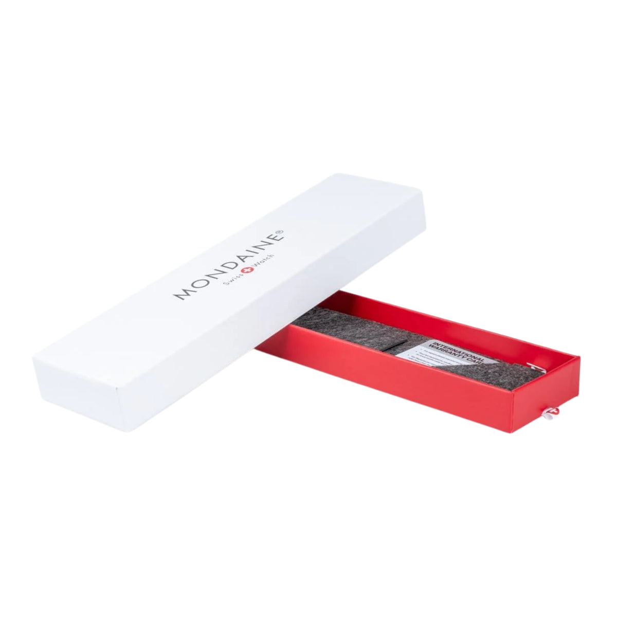 Original red and white gift box packaging for Mondaine Evo2 MSE.35110.SM watch