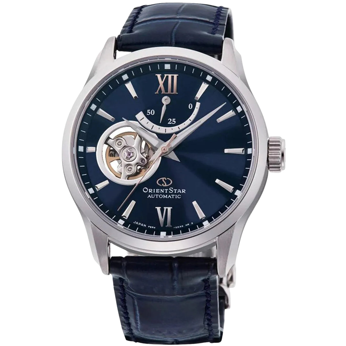 Straight-on men's automatic watch with dark blue dial and black leather strap